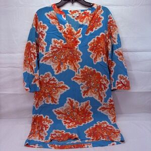 Crown & Ivy Womens Blue Orange Coral Reef Print V-Neck Shift Dress Size 6